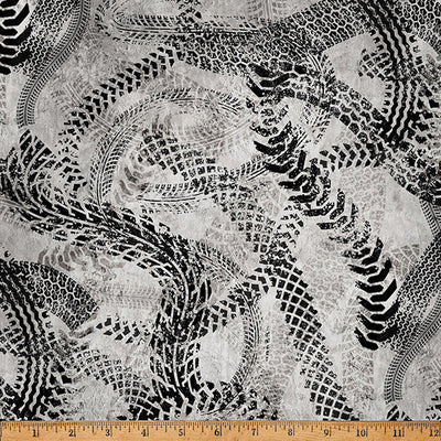 Gray Hammer Down Tire Tracks 43"/44" Fabric Per Yard - Prismatic Fiber Arts