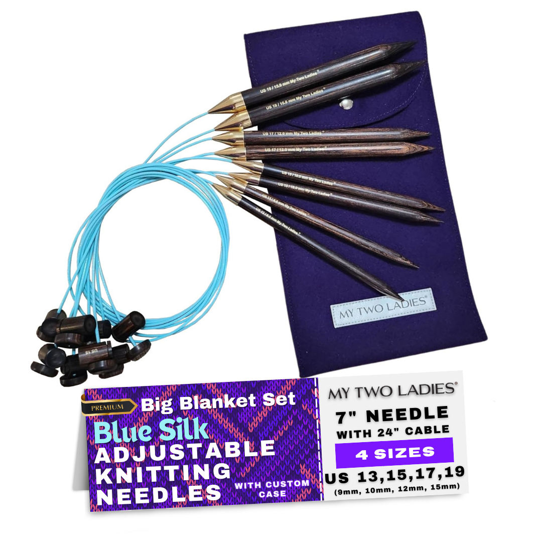 Blue Silk | Big Blanket Set | Adjustable Knitting Needles | 4 Sizes | US13, US15, US17, US19 | w/custom case - Prismatic Fiber Arts
