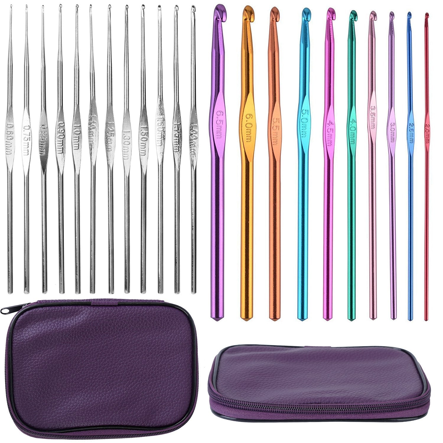 22Pcs Multi-Color Crochet Hook Needles Aluminum Handle Sewing Kit DIY Hand Knitting Craft Art Tools Weave Yarn Set 0.6mm-6.5mm w/ Storage Case - Prismatic Fiber Arts