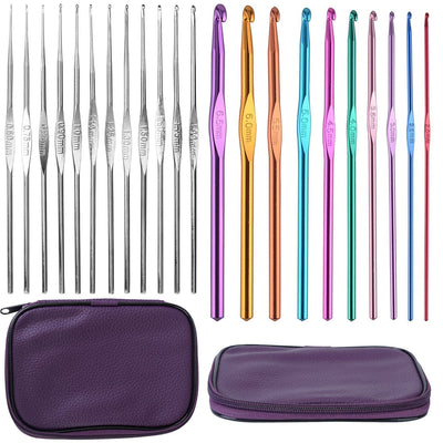 22Pcs Multi-Color Crochet Hook Needles Aluminum Handle Sewing Kit DIY Hand Knitting Craft Art Tools Weave Yarn Set 0.6mm-6.5mm w/ Storage Case - Prismatic Fiber Arts