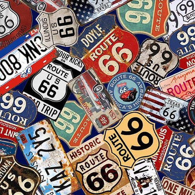 Multi Route 66 Signs Cotton 44"/45" Fabric Per Yard - Prismatic Fiber Arts