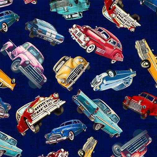 Navy Classic Cars Route 66 Cotton 44"/45" Fabric Per Yard - Prismatic Fiber Arts