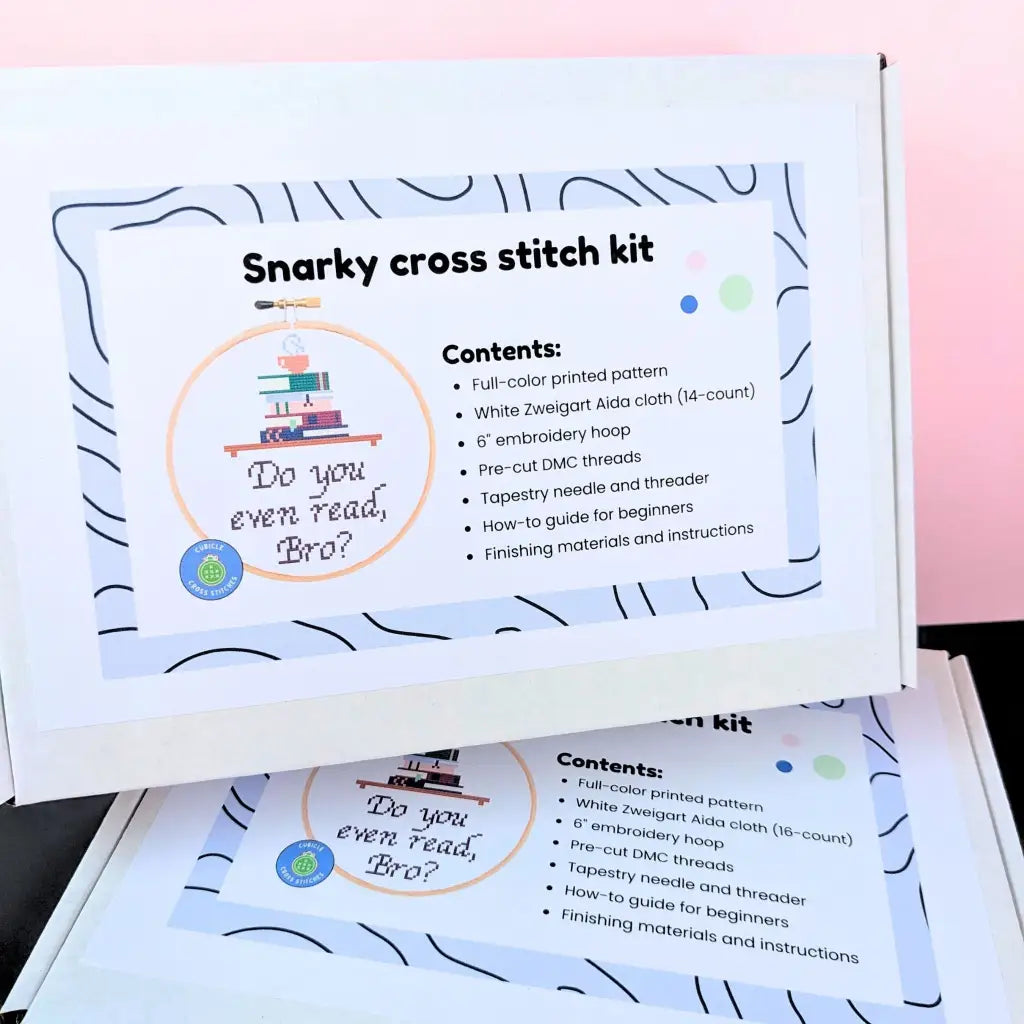 Do You Even Read, Bro? Snarky Bookworm Cross Stitch Kit by Room for Calm - Prismatic Fiber Arts