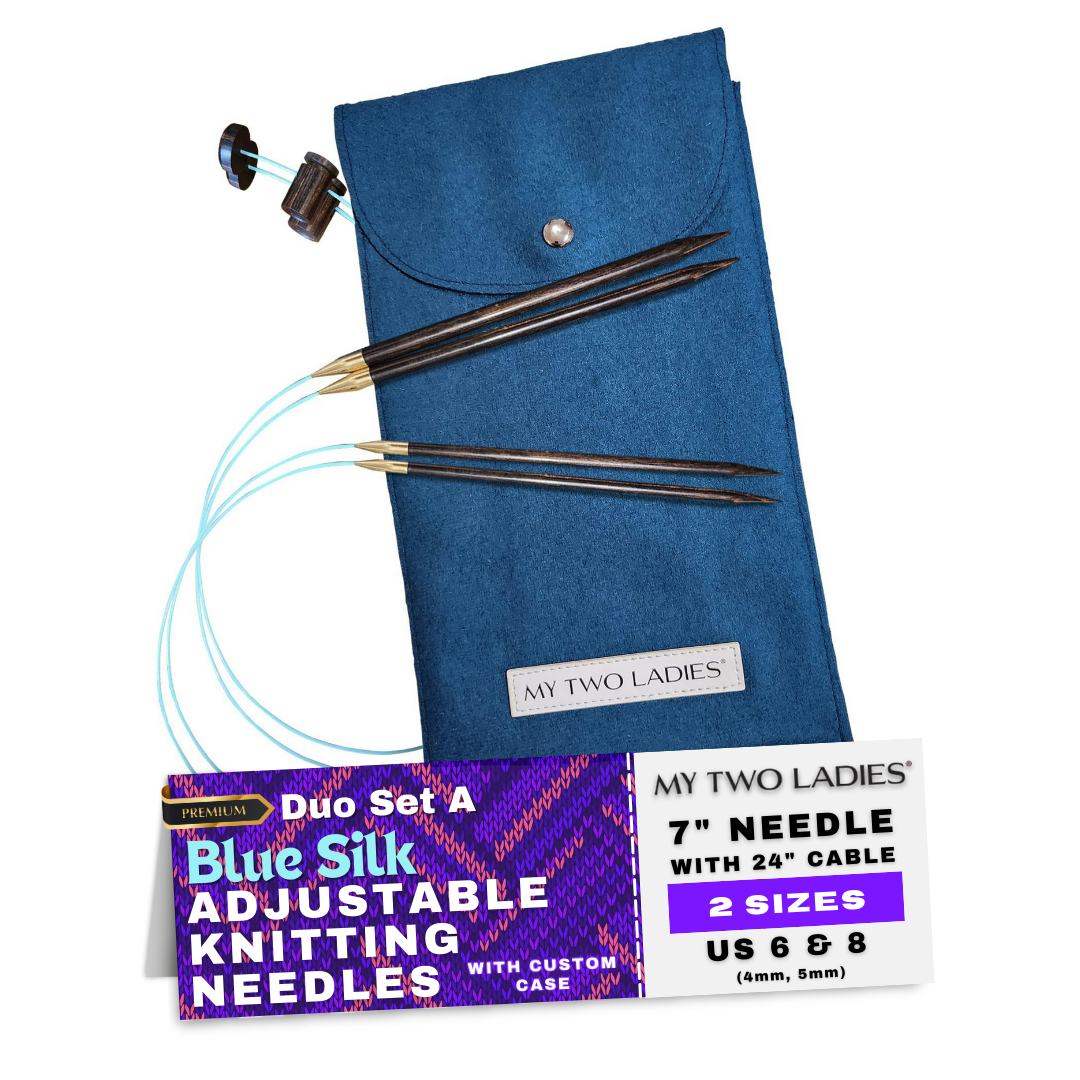 Blue Silk | Duo Set | Adjustable Knitting Needles | w/custom case - Prismatic Fiber Arts