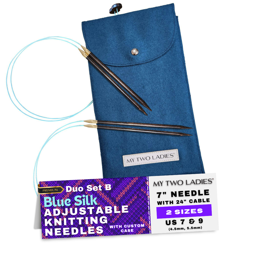 Blue Silk | Duo Set | Adjustable Knitting Needles | w/custom case - Prismatic Fiber Arts