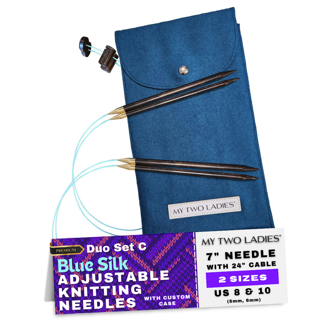 Blue Silk | Duo Set | Adjustable Knitting Needles | w/custom case - Prismatic Fiber Arts