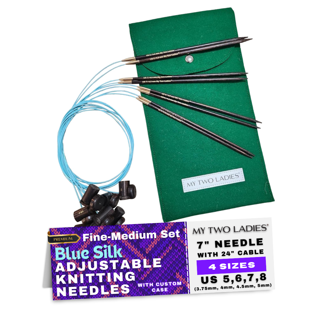 Blue Silk | Fine-Medium Set |  Adjustable Knitting Needles  | 4 Sizes | US5, US6, US7, US8 | w/custom case - Prismatic Fiber Arts