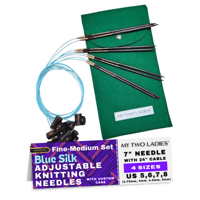 Blue Silk | Fine-Medium Set |  Adjustable Knitting Needles  | 4 Sizes | US5, US6, US7, US8 | w/custom case - Prismatic Fiber Arts