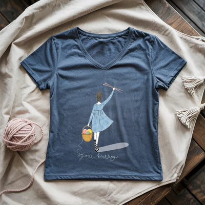 Gone Knitting Lady V-neck - Prismatic Fiber Arts
