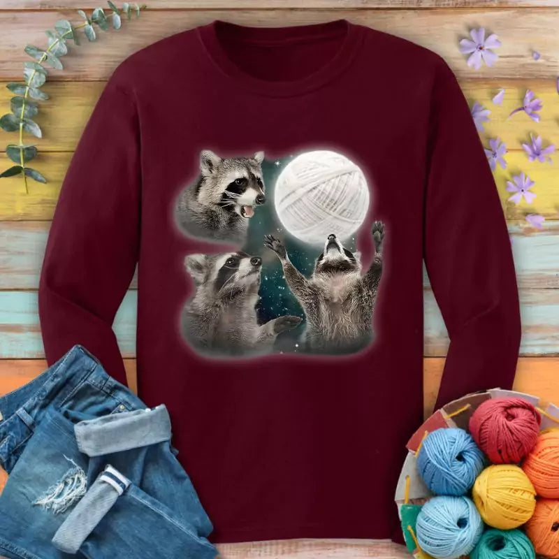 Racoon & Yarn Ball Long Sleeve T-shirt - Prismatic Fiber Arts