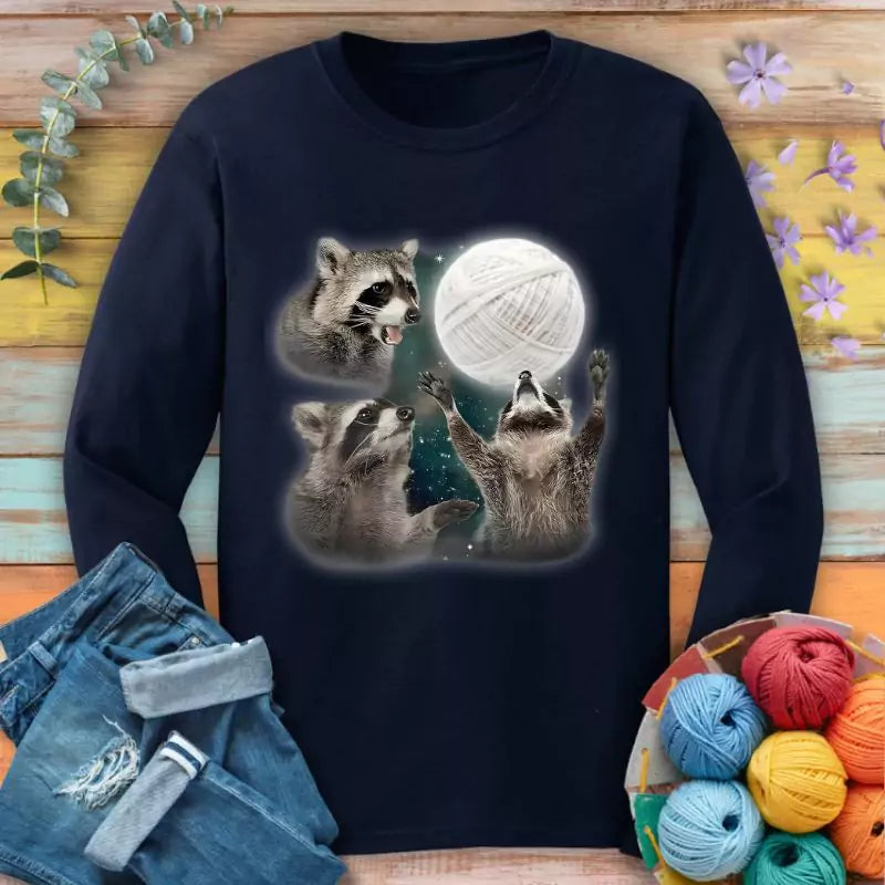 Racoon & Yarn Ball Long Sleeve T-shirt - Prismatic Fiber Arts