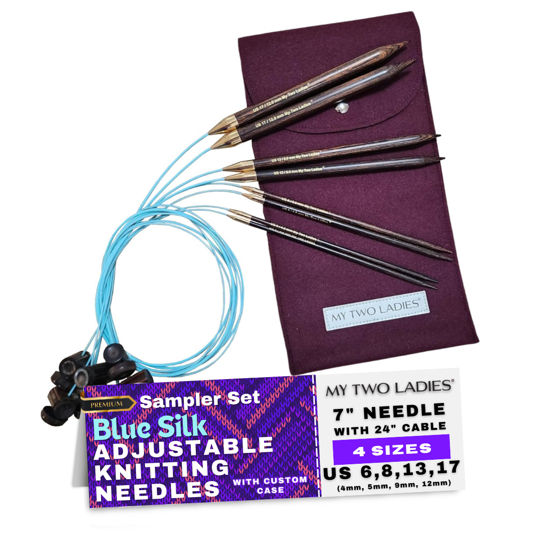 Blue Silk | Sampler Set | Adjustable Knitting Needles | 4 Sizes | US6, US8, US13, US17 | w/custom case - Prismatic Fiber Arts