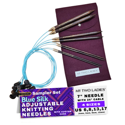 Blue Silk | Sampler Set | Adjustable Knitting Needles | 4 Sizes | US6, US8, US13, US17 | w/custom case - Prismatic Fiber Arts