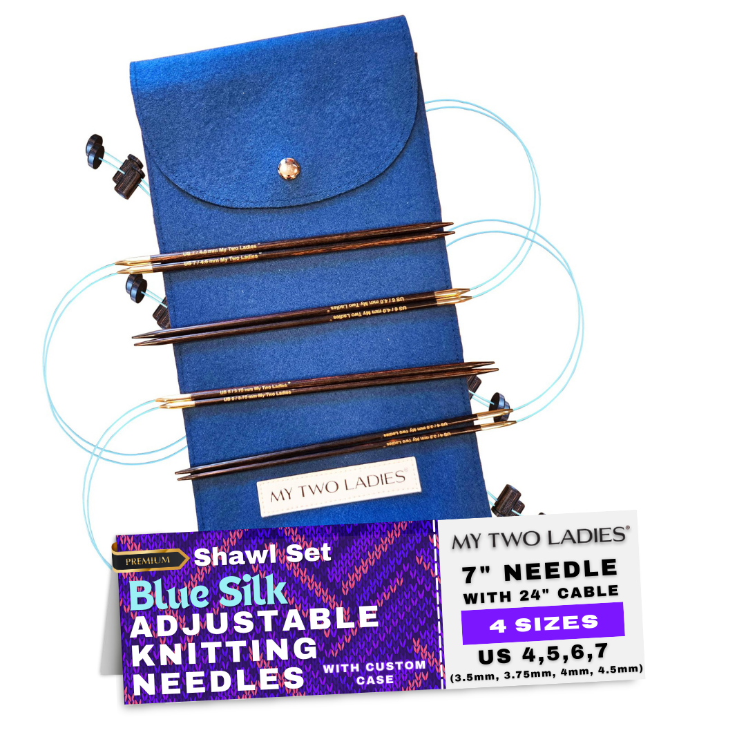 Blue Silk  |  Shawl Set |  Adjustable Knitting Needles  | 4 Sizes | US4, US5, US6, US7 | w/custom case - Prismatic Fiber Arts
