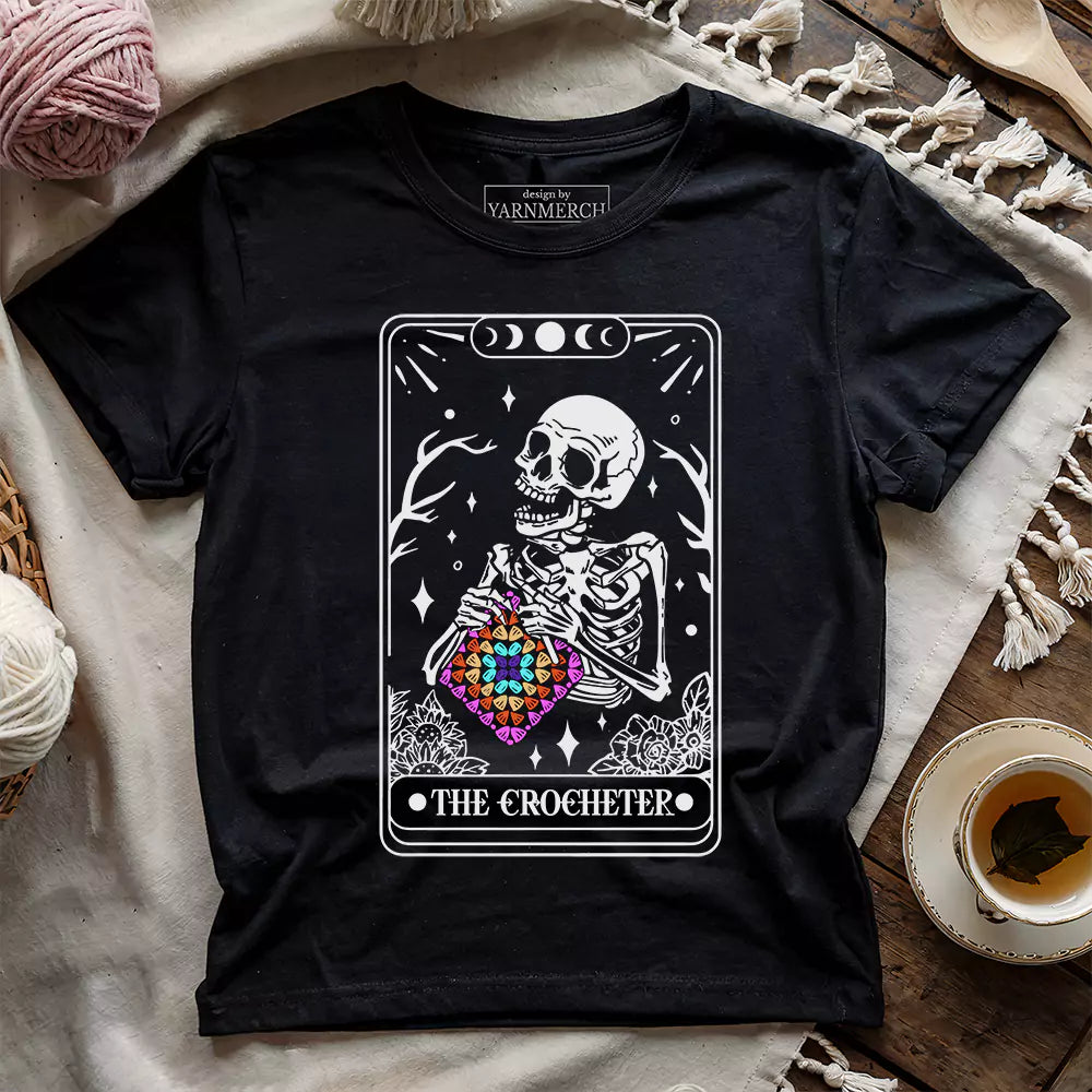 Skeleton Crocheter Tarot T-shirt - Prismatic Fiber Arts