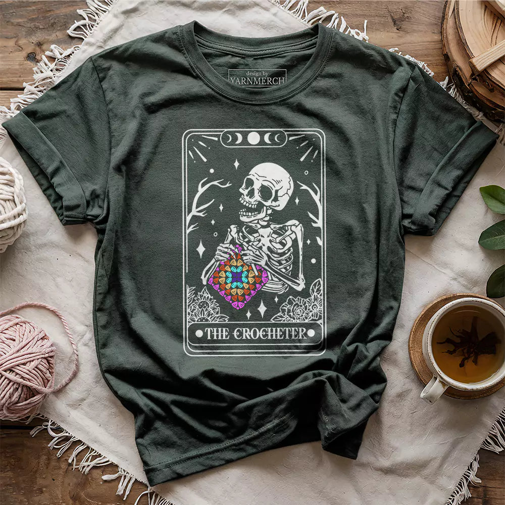 Skeleton Crocheter Tarot T-shirt - Prismatic Fiber Arts