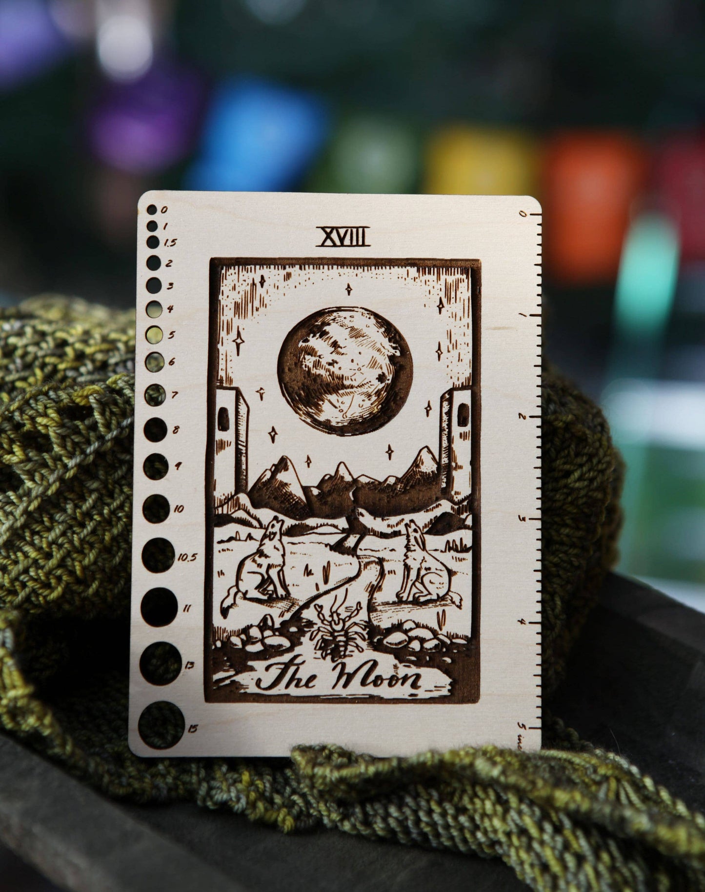 Maple Wood Moon Tarot Card Knitting Needle Gauge & 5" Ruler - Prismatic Fiber Arts
