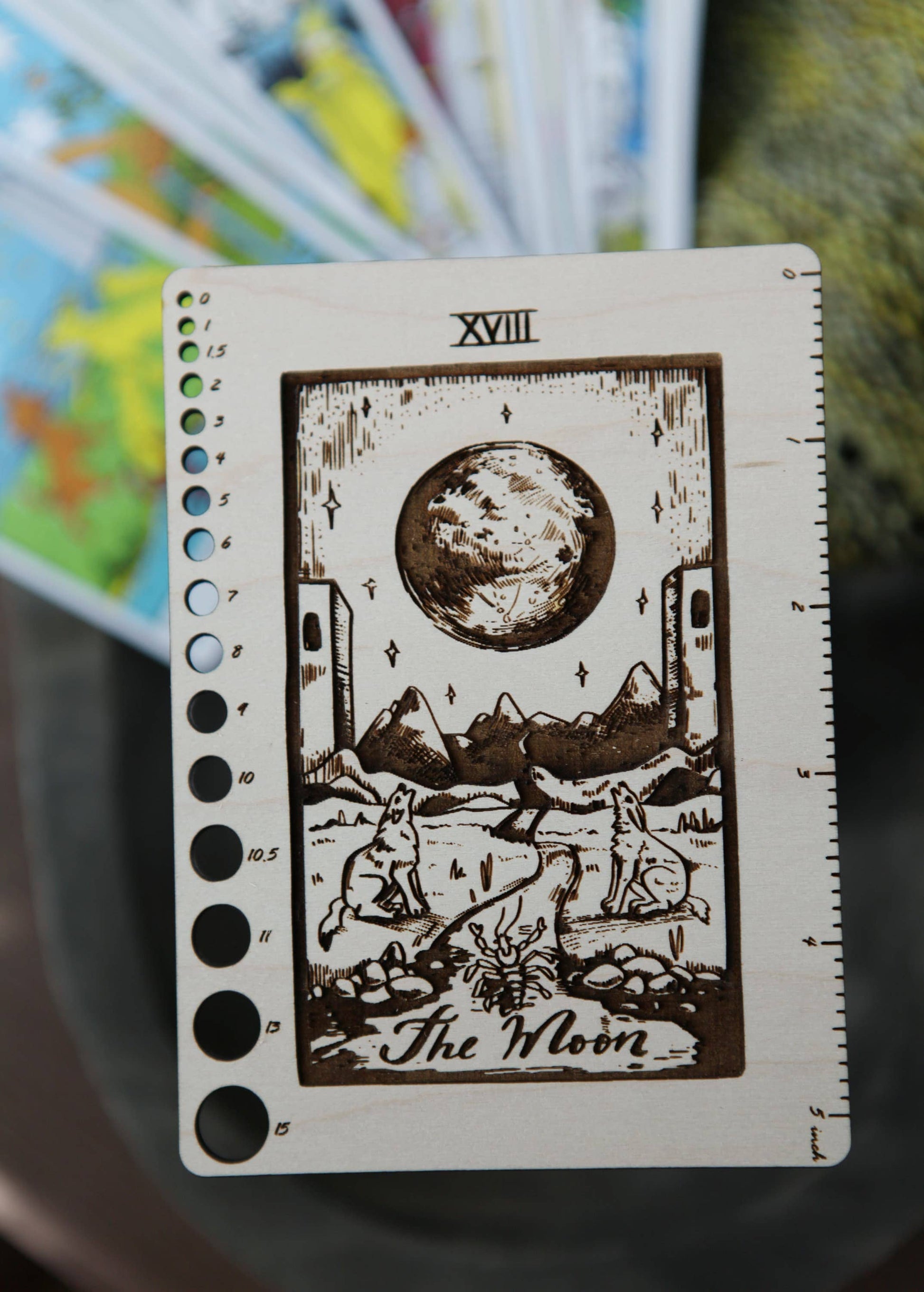 Maple Wood Moon Tarot Card Knitting Needle Gauge & 5" Ruler - Prismatic Fiber Arts