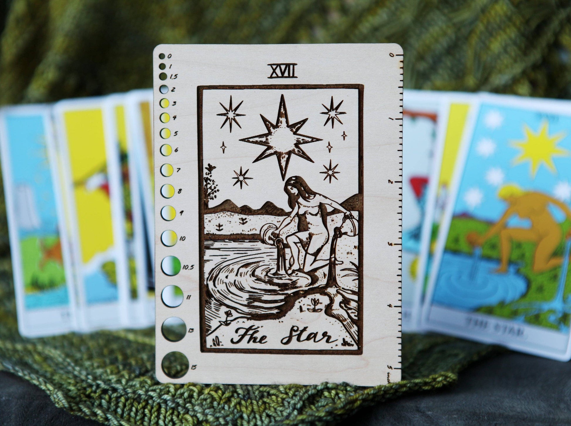 Maple Wood Moon Tarot Card Knitting Needle Gauge & 5" Ruler - Prismatic Fiber Arts