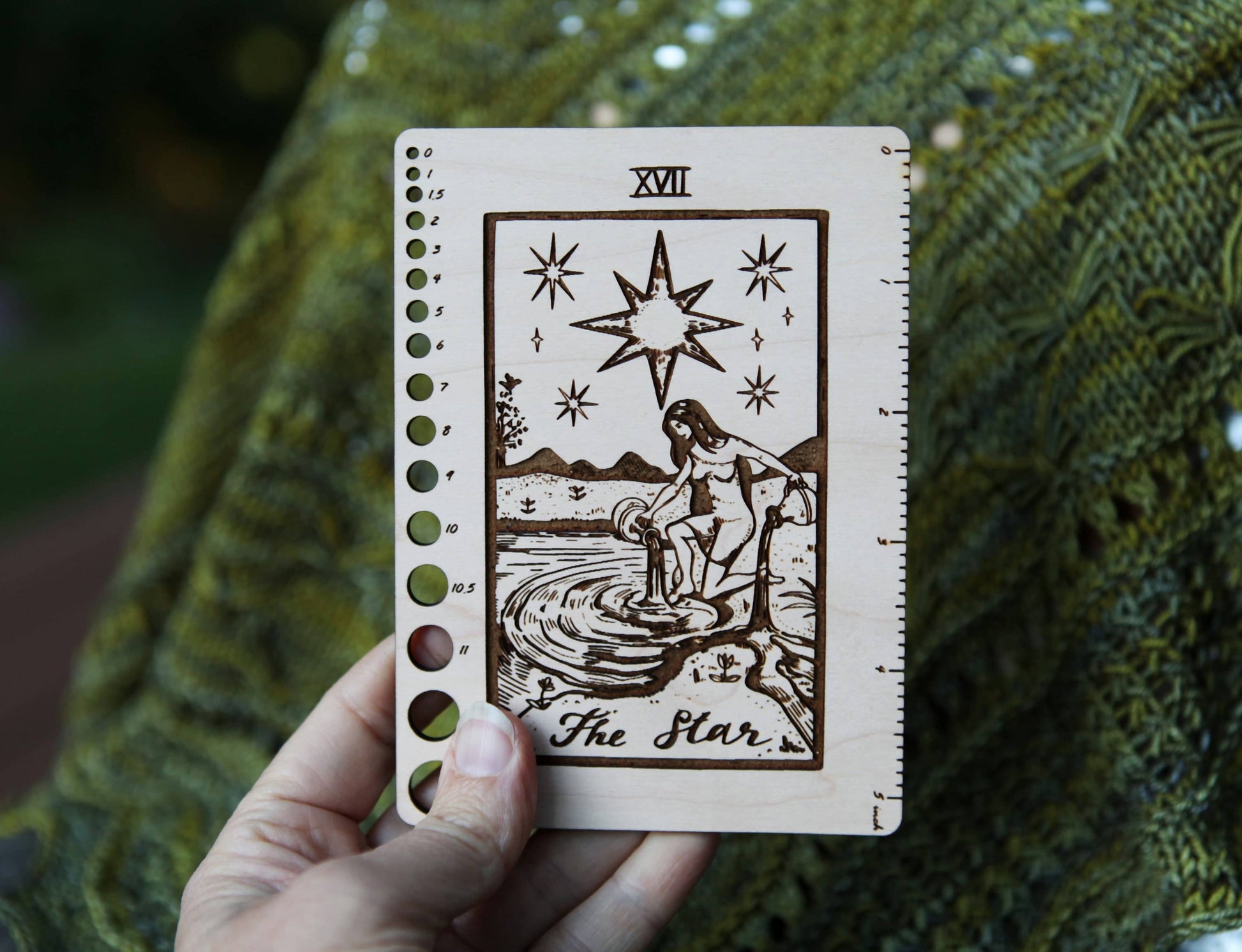 Maple Wood Moon Tarot Card Knitting Needle Gauge & 5" Ruler - Prismatic Fiber Arts
