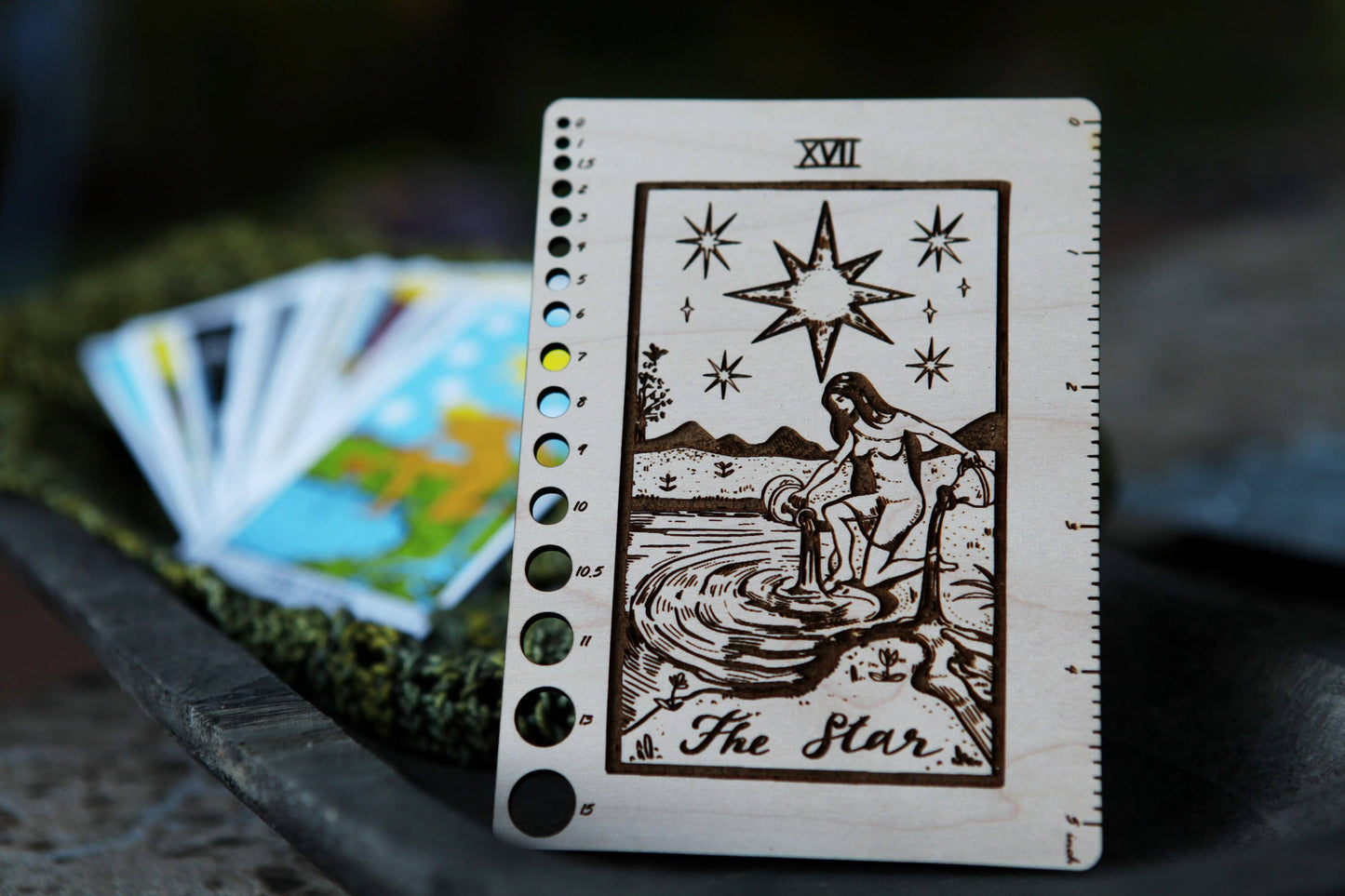 Maple Wood Moon Tarot Card Knitting Needle Gauge & 5" Ruler - Prismatic Fiber Arts