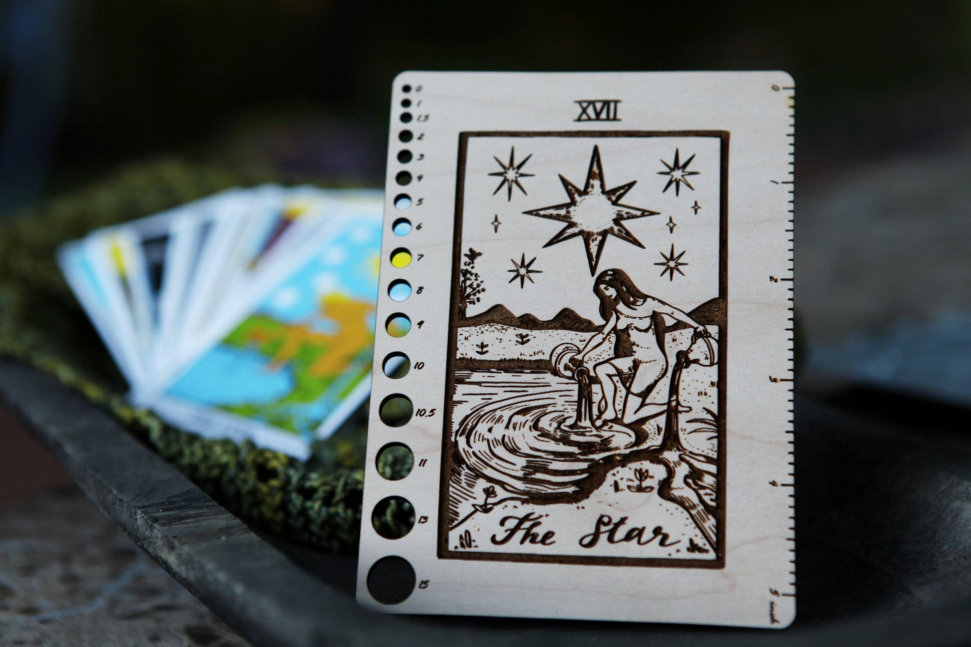 Maple Wood Moon Tarot Card Knitting Needle Gauge & 5" Ruler - Prismatic Fiber Arts
