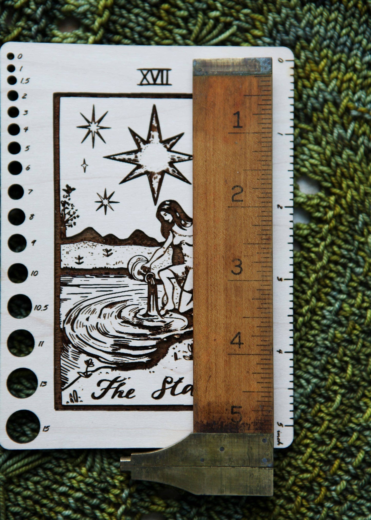 Maple Wood Moon Tarot Card Knitting Needle Gauge & 5" Ruler - Prismatic Fiber Arts