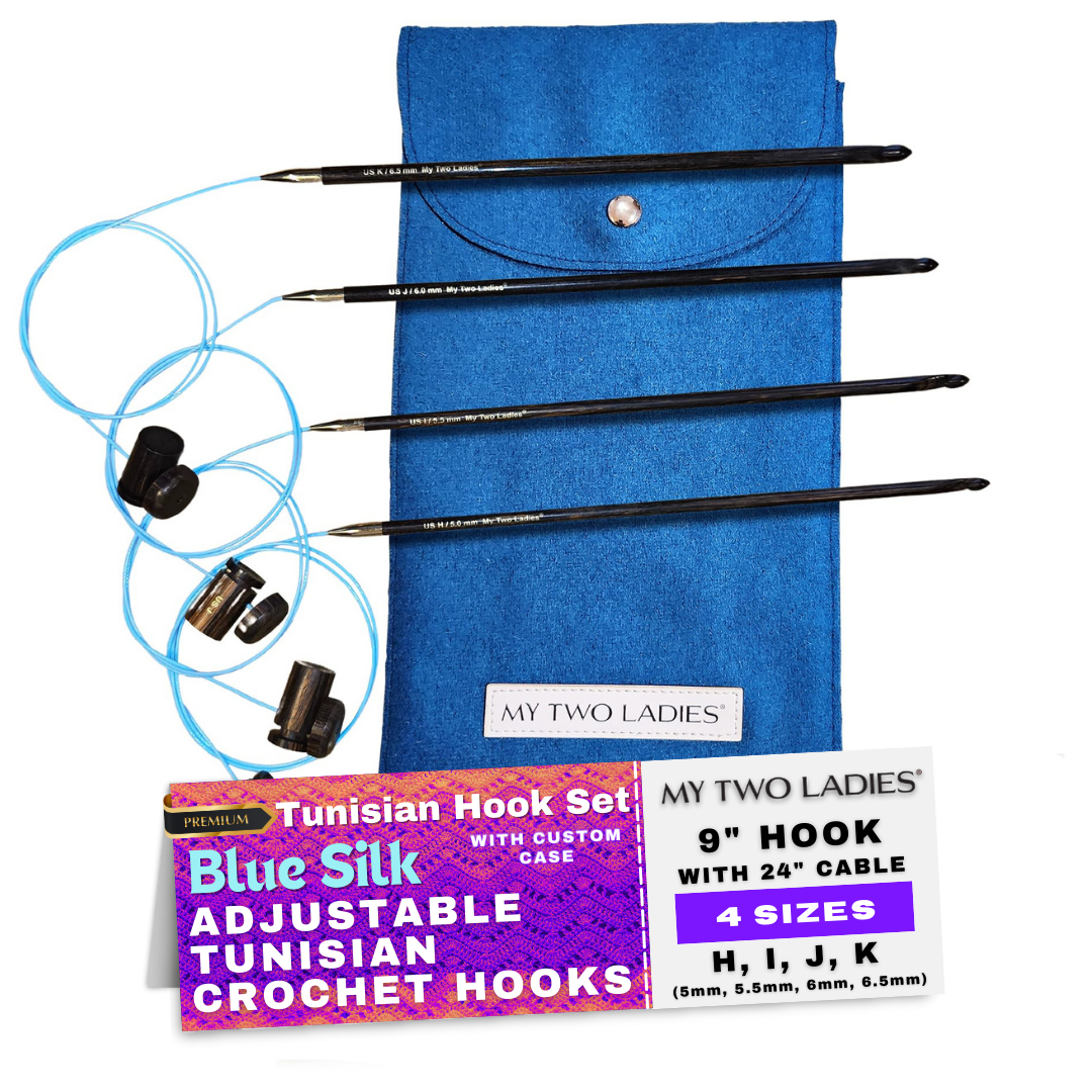 Blue Silk | Tunisian Adjustable Crochet Hook Set | 4 Sizes | H, I, J, K | w/custom case - Prismatic Fiber Arts