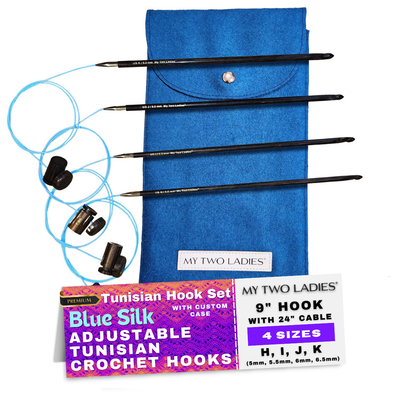 Blue Silk | Tunisian Adjustable Crochet Hook Set | 4 Sizes | H, I, J, K | w/custom case - Prismatic Fiber Arts