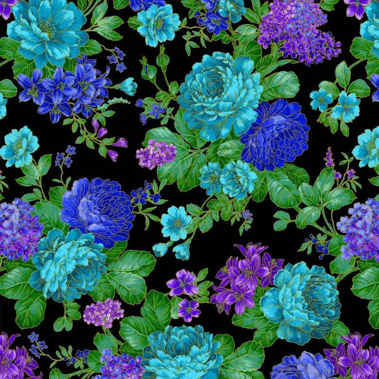 Black Opulent Bouquet Cotton Wideback Fabric Per Yard - Prismatic Fiber Arts