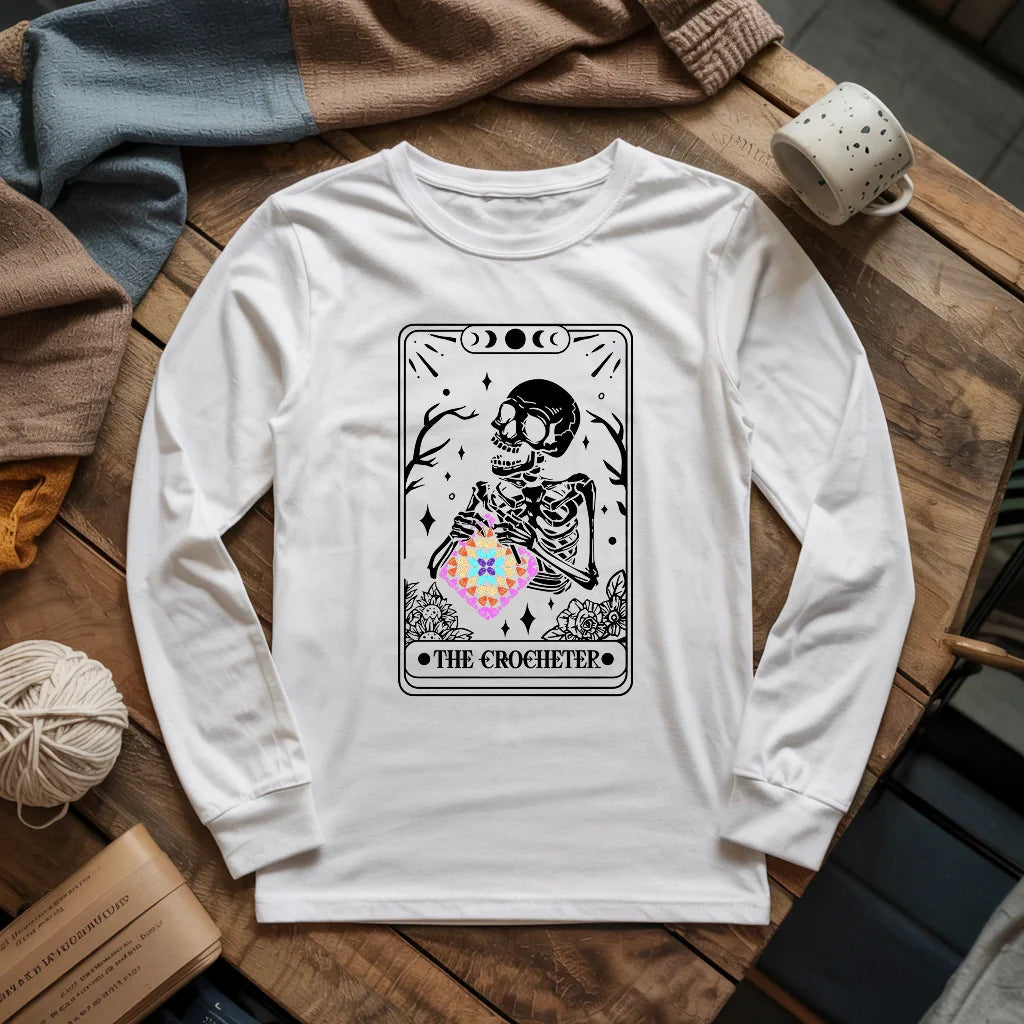 Skeleton Crocheter Tarot Long Sleeve T-shirt - Prismatic Fiber Arts